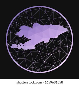 Icono de Kirguistán. Mapa pológico vectorial del país. Icono de Kirguistán en estilo geométrico. El mapa del país con un degradado púrpura bajo en fondo oscuro.