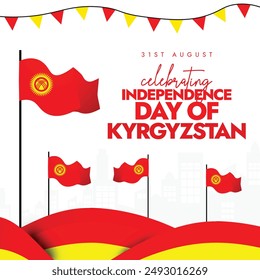 Kyrgyzstan independence day, 31st August background, banner, post. Independence day of Kyrgyzstan banner with its flags. The country become independent after the breakup of the Soviet Union in 1991.