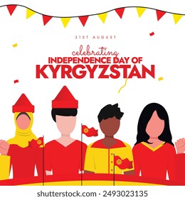 Kyrgyzstan Independence Day. 31st August Independence day of Kyrgyzstan celebration banner with its people holding its flags, yellow and red. The country become independent in 1991 from soviet union.