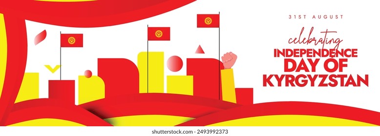 Kyrgyzstan Independence Day. 31st August celebrating Kyrgyzstan independence day cover banner with its flags, abstract art, hand fists in its flag colours. The country become independent in 1991.