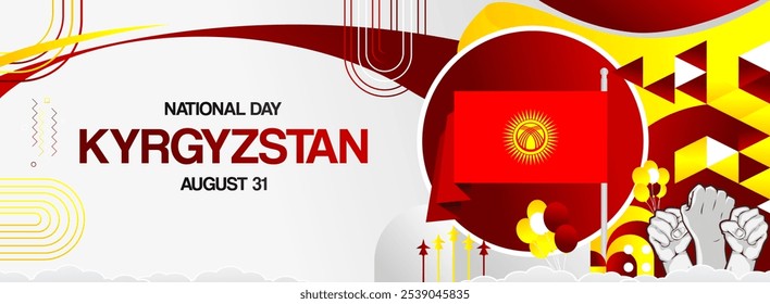 Kyrgyzstan independence day festive banner. Vibrant modern templates for holiday celebration, greeting card, billboard, and sport event backdrops. August 31th. Happy national day of Kyrgyzstan