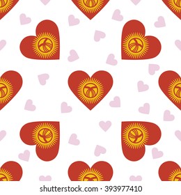 Kyrgyzstan independence day seamless pattern. Patriotic country flag background. Kyrgyzstan flag in the shape of heart. Vector seamless pattern.