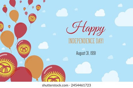 Kyrgyzstan Independence Day Sparkling Patriotic Poster. Row of Balloons in Colors of the Kirghiz Flag. Greeting Card with National Flags, Blue Skyes and Clouds.