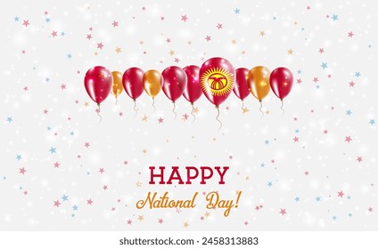 Kyrgyzstan Independence Day Sparkling Patriotic Poster. Row of Balloons in Colors of the Kirghiz Flag. Greeting Card with National Flags, Confetti and Stars.