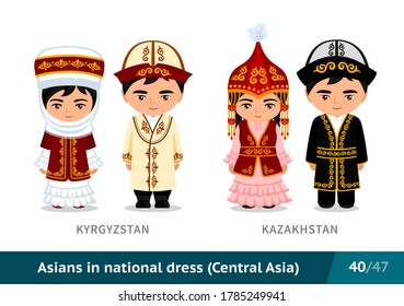 Kyrgyzstan, Kazakhstan. Men and women in national dress. Set of asian people wearing ethnic traditional costume. Isolated cartoon characters. Central Asia. Vector flat illustration.