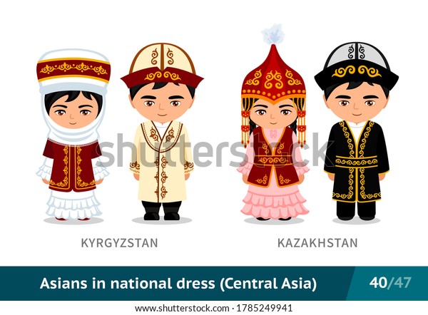Kyrgyzstan,\
Kazakhstan. Men and women in national dress. Set of asian people\
wearing ethnic traditional costume. Isolated cartoon characters.\
Central Asia. Vector flat\
illustration.