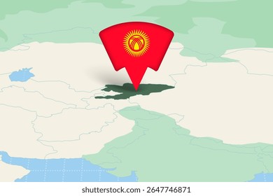 Kyrgyzstan Location Highlighted on Asian Map with Flag Icon. Detailed Vector Design.