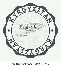 Kyrgyzstan logo. Attractive country badge with word cloud in shape of Kyrgyzstan. Round emblem with country name. Artistic vector illustration.