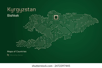 Kyrgyzstan Map with a capital of Bishkek Shown in a Microchip Pattern with processor. E-government. World Countries vector maps. Microchip Series	