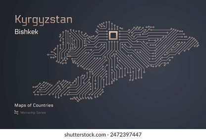 Kyrgyzstan Map with a capital of Bishkek Shown in a Microchip Pattern with processor. E-government. World Countries vector maps. Microchip Series	