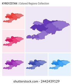 Kyrgyzstan map collection. Country shape with colored regions. Deep Purple, Red, Pink, Purple, Indigo, Blue color palettes. Border of Kyrgyzstan with provinces for your infographic.