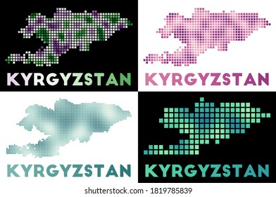 Kyrgyzstan map. Collection of maps of Kyrgyzstan in dotted style. Borders of the country filled with rectangles for your design. Vector illustration.