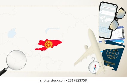 Kyrgyzstan map and flag, cargo plane on the detailed map of Kyrgyzstan with flag, passport, magnifying glass and airplane. Vector template.