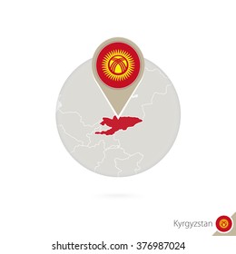 Kyrgyzstan map and flag in circle. Map of Kyrgyzstan, Kyrgyzstan flag pin. Map of Kyrgyzstan in the style of the globe. Vector Illustration.
