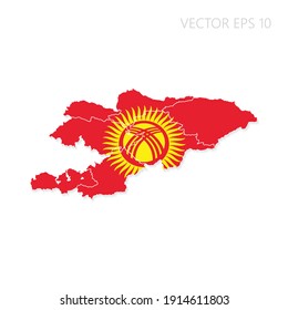 Mapa de Kirguistán con bandera y sombra aislada en fondo blanco. Ilustración del vector EPS10.