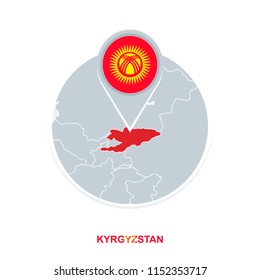 Kyrgyzstan map and flag, vector map icon with highlighted Kyrgyzstan