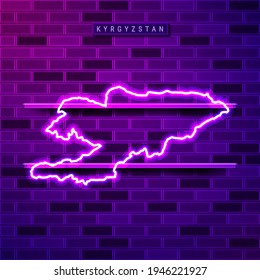 Kyrgyzstan map glowing neon lamp sign. Realistic vector illustration. Country name plate. Purple brick wall, violet glow, metal holders.