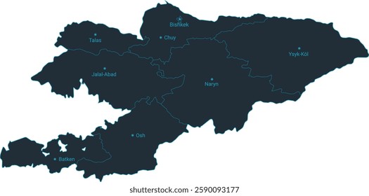 Kyrgyzstan map high detailed with administrative divide by state, capital cities names, outline simplicity style. Vector illustration EPS10.