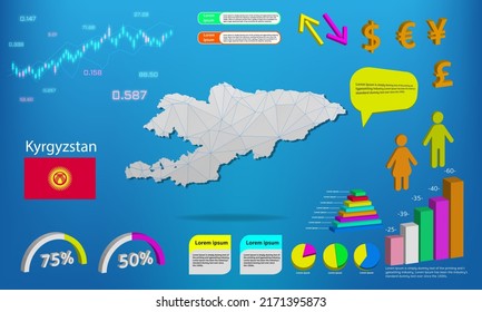 Kyrgyzstan map info graphics - charts, symbols, elements and icons collection. Detailed Kyrgyzstan map with High quality business infographic elements.