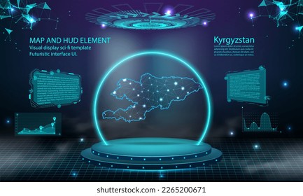 fondo del efecto de conexión de la luz del mapa kirguistán. interfaz de usuario de tecnología digital abstracta, GUI, interfaz virtual HUD futurista con mapa kirguista. Estadio futurista podio en niebla.