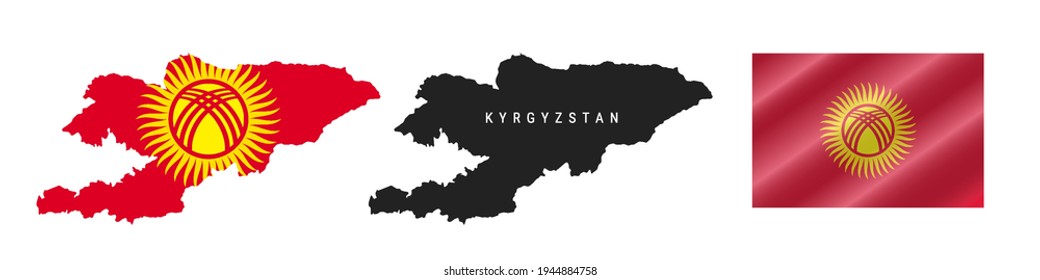 Kyrgyzstan. Map with masked flag. Detailed silhouette. Waving flag. Vector illustration isolated on white.