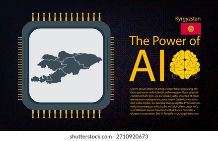 Kyrgyzstan map with microchip war and AI concept on circuit board, Power of AI with country map. Global connectivity with big data. Design for UI backgrounds or FinTech projects.