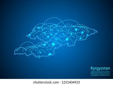 kyrgyzstan map with nodes linked by lines. concept of global communication and business. Dark kyrgyzstan map created from white dots with travel locations or internet connection.