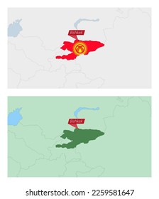 Kyrgyzstan map with pin of country capital. Two types of Kyrgyzstan map with neighboring countries. Vector template.