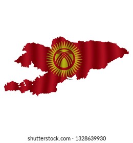 Kyrgyzstan map with rippled flag on white illustration. Waving Fabric Flag Map of Kyrgyzstan. Map of Asia. Vector White Background. Vector illustration eps10.