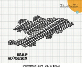 Kyrgyzstan map of vector black silhouette chaotic hand drawn scribble sketch on grid paper used for notes or decoration.