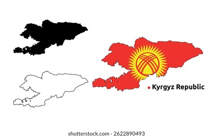 Kyrgyzstan Map Vector - Country Outline, Flag Inside Map, Blank and Silhouette Version