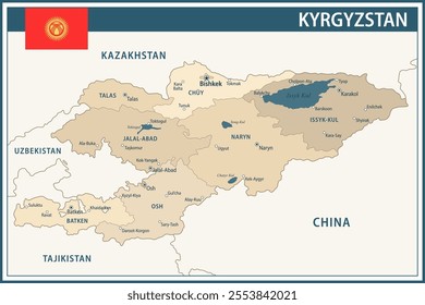 Kyrgyzstan Map Vector Vintage Dark Blue Beige - Customizable layered political map of Kyrgyzstan with administrative divisions for website, education, reports, news, politics, print, poster and wallpa