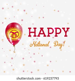 Kyrgyzstan National Day patriotic poster. Flying Rubber Balloon in Colors of the Kirghiz Flag. Kyrgyzstan National Day background with Balloon, Confetti, Stars, Bokeh and Sparkles.