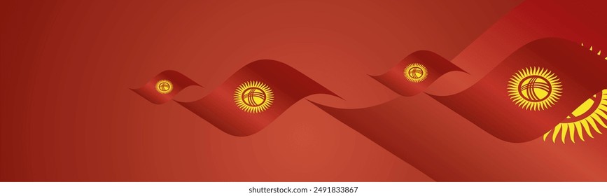 Kyrgyzstan National Day waving flags two fold blue landscape background