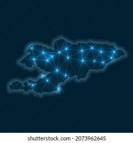 Mapa de la red de Kirguistán. Mapa geométrico abstracto del país. Conexiones digitales y diseño de telecomunicaciones. Red de Internet brillante. Ilustración vectorial artística.