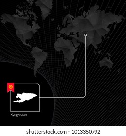 Kyrgyzstan on black World Map. Map and flag of Kyrgyzstan.