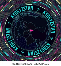 Kyrgyzstan on globe. Satelite view of the world centered to Kyrgyzstan. Bright neon style. Futuristic radial bricks background. Artistic vector illustration.