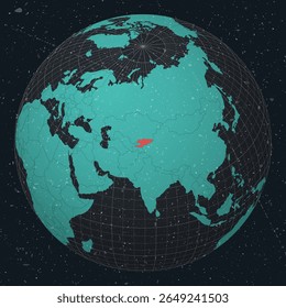Kyrgyzstan on a globe with a vintage look and grunge scratched texture. The country is viewed on a world map in a Dark Charcoal Turquoise color palette, emphasizing the shape of Kyrgyzstan on the map. The globe includes meridians and parallels.