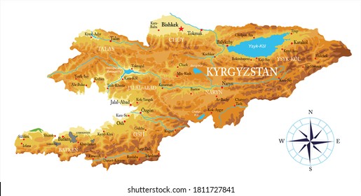 Kyrgyzstan physical map ,in vector format,with all the relief forms,regions and big cities.