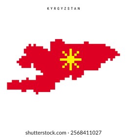 Kyrgyzstan pixel flag map icon. 8 bit pixel art Kyrgyz map covered with flag. Flat vector illustration isolated on white background.