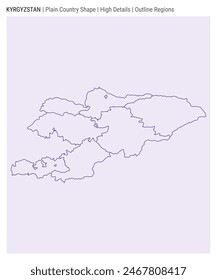 Mapa del país de Kirguistán. Detalles altos. Estilo de regiones de esquema. Forma de Kirguistán. Ilustración vectorial.