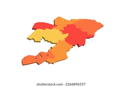 Kyrgyzstan political map of administrative divisions - regions and independent cities of Bishkek and Osh. 3D map in shades of orange color.