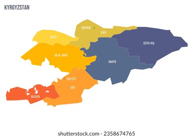 Kyrgyzstan political map of administrative divisions - regions and independent cities of Bishkek and Osh. Colorful spectrum political map with labels and country name.