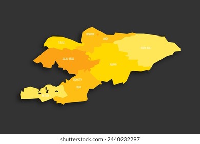 Kyrgyzstan political map of administrative divisions - regions and independent cities of Bishkek and Osh. Yellow shade flat vector map with name labels and dropped shadow isolated on dark grey