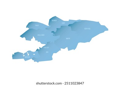 Mapa político de Kirguistán de divisiones administrativas - regiones y ciudades independientes de Biskek y Osh. Mapa de Vector sombreado con degradado azul en 3D y etiquetas de nombre