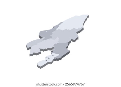 Kyrgyzstan political map of administrative divisions - regions and independent cities of Bishkek and Osh. 3D isometric blank vector map in shades of grey.