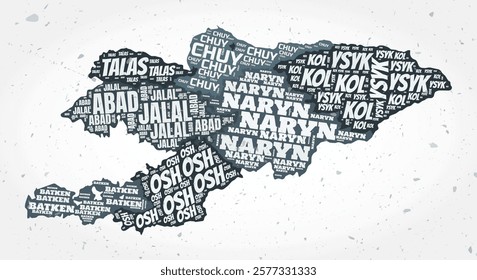 Kyrgyzstan regions word clouds. Country shape on textured background. Kyrgyzstan design in typographic style. Elegant vector illustration.