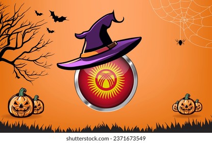 kyrgyzstan round flag with Happy Halloween banner or party invitation background. bats, spiders and pumpkins, orange background