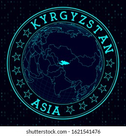Kyrgyzstan round sign. Futuristic satelite view of the world centered to Kyrgyzstan. Country badge with map, round text and binary background. Stylish vector illustration.