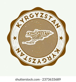 Kyrgyzstan seal. Country round logo with shape of Kyrgyzstan and country name in multiple languages wordcloud. Attractive emblem. Artistic vector illustration.